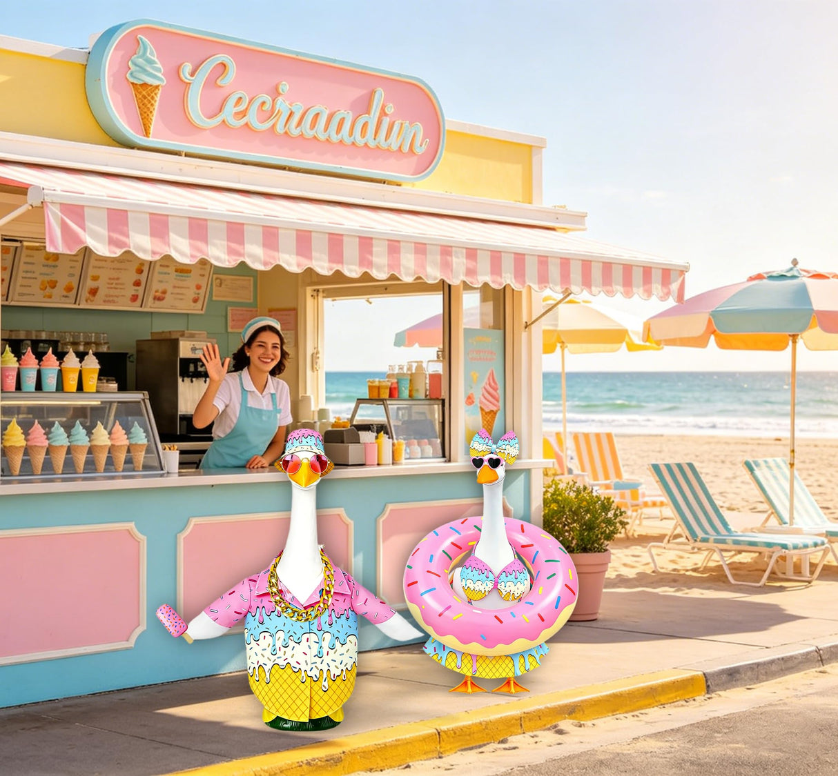 Porch Goose Outfits Summer Swimsuit - 5-Piece Ice Cream Theme Large Lawn Goose Clothes with Bikini, Bow Headband, Star Sunglasses, Swim Ring & Pump, Outdoor Yard Decor (Girlfriend Theme)