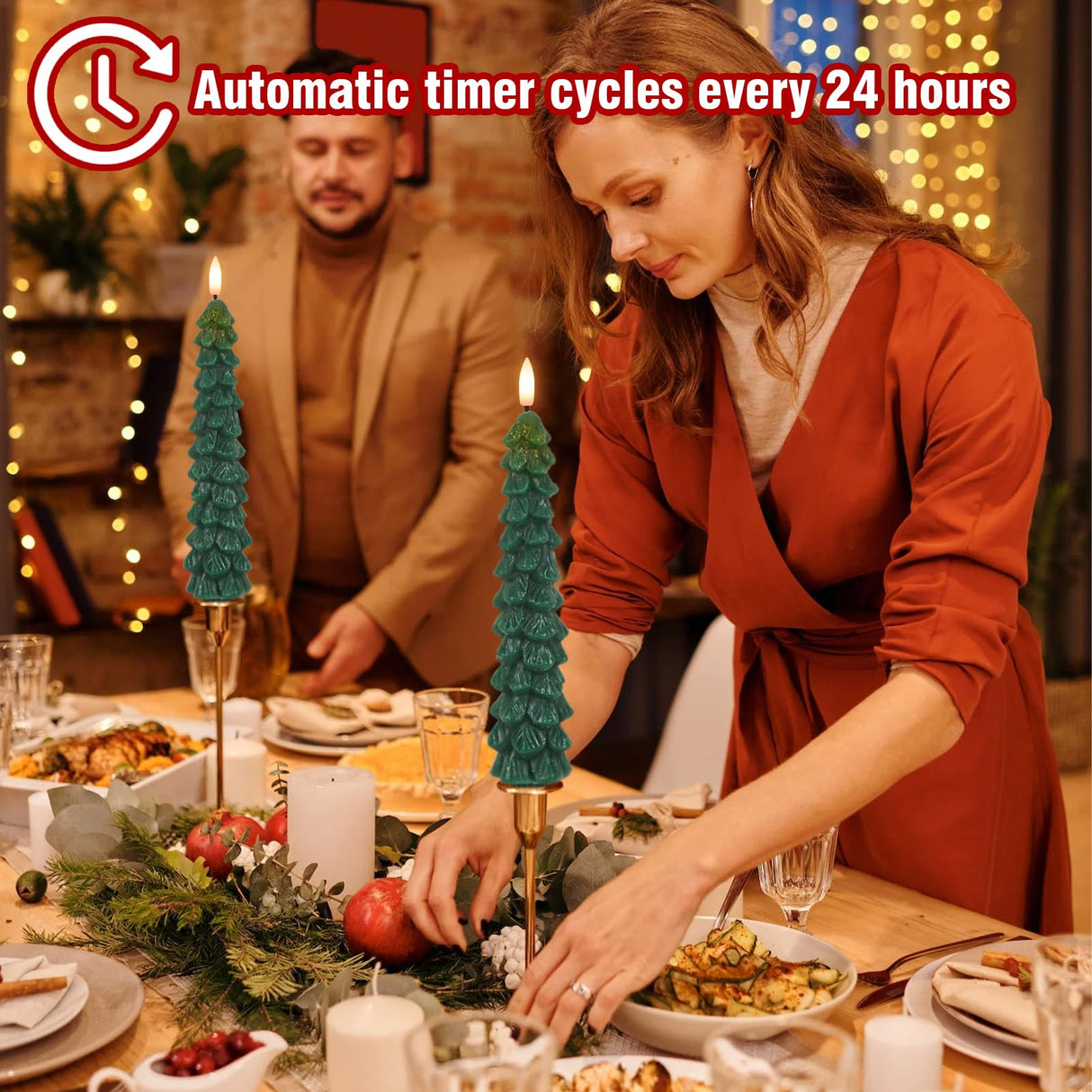 Lasumora Christmas Tree Candles with Remote Timer, 4 Pcs Waxy Flameless Taper Candles Flickering, Battery Operated LED Candlesticks with 3D Flame Wick, Green Window Candle for Christmas Decorations