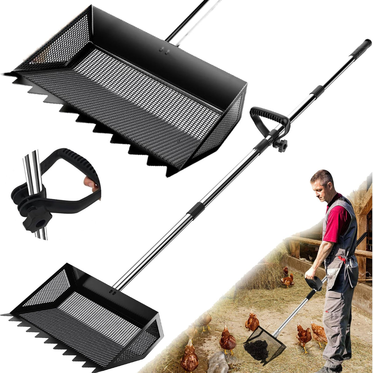 12" Metal Chicken Poop Scooper Rake for Sand with 24 to 68" Handle, Adjustable Chicken Poop Scooper for Poop,Wide 10”Poop Shovel Cleaning Tools, Heavy Duty Sifting Shovel (Black Max)