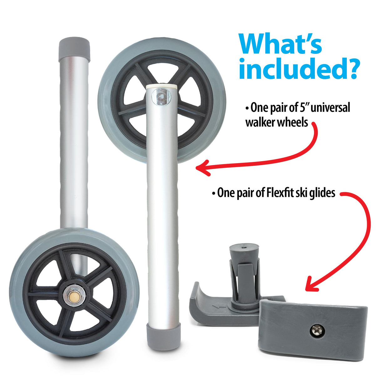 Universal Walker Wheel Kit: 5 Inch Sport Wheels and FlexFit Ski Glides (Gray)