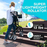 PLANET WALK Super Lightweight Rollator Walker for Seniors, Foldable Rolling Walker with Seat and 8" Rubber Wheels for All Terrain, Unique Design Aluminium Frame Sturdy Walkers for Traveling - Black
