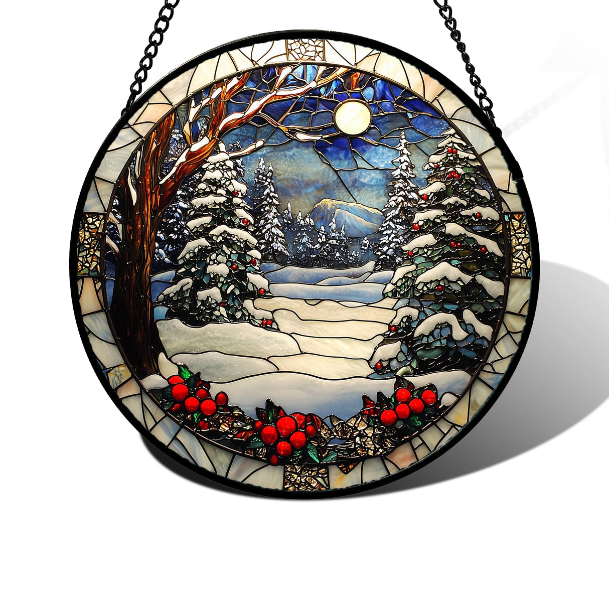 DASTOLL Stained Glass Window Hanging Christmas Tree Winter Snow Night Scenery 7.8" - Suncatcher Door Garden Kitchen Sun Catcher Home Decor Birthday for Mom Men Woman Friend