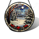 DASTOLL Stained Glass Window Hanging Christmas Tree Winter Snow Night Scenery 7.8" - Suncatcher Door Garden Kitchen Sun Catcher Home Decor Birthday for Mom Men Woman Friend