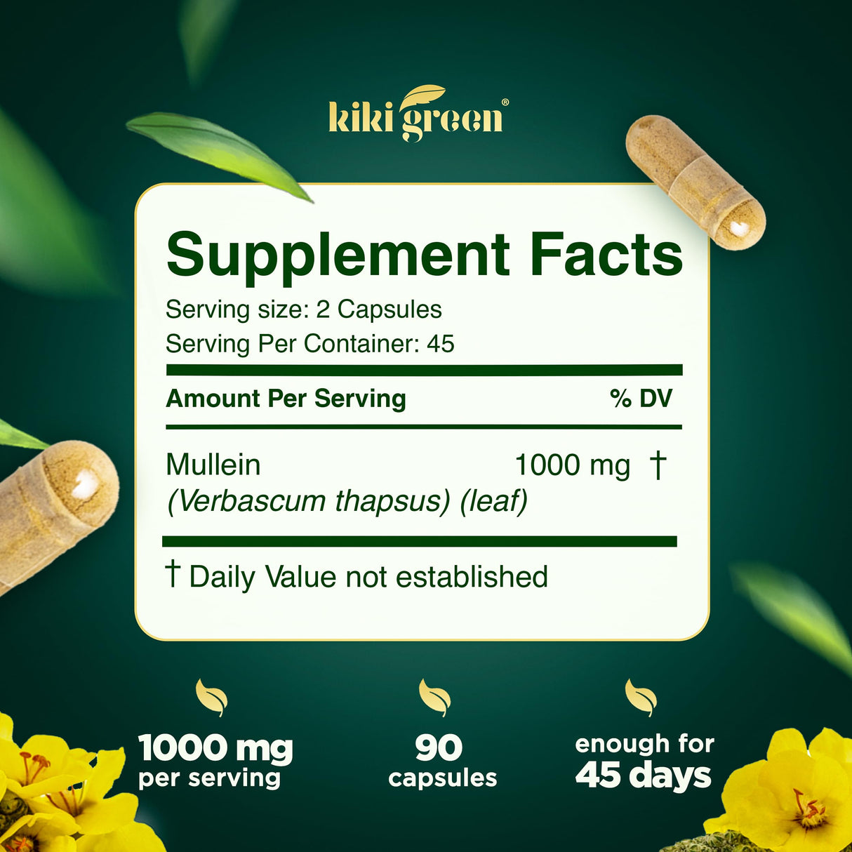 KIKI Green Mullein Leaf Extract Capsules - Vegan Herbal Supplement - for Lung Cleanse, Support, Better Respiratory, Immune Function - 1000mg 45 Servings - 90 Count
