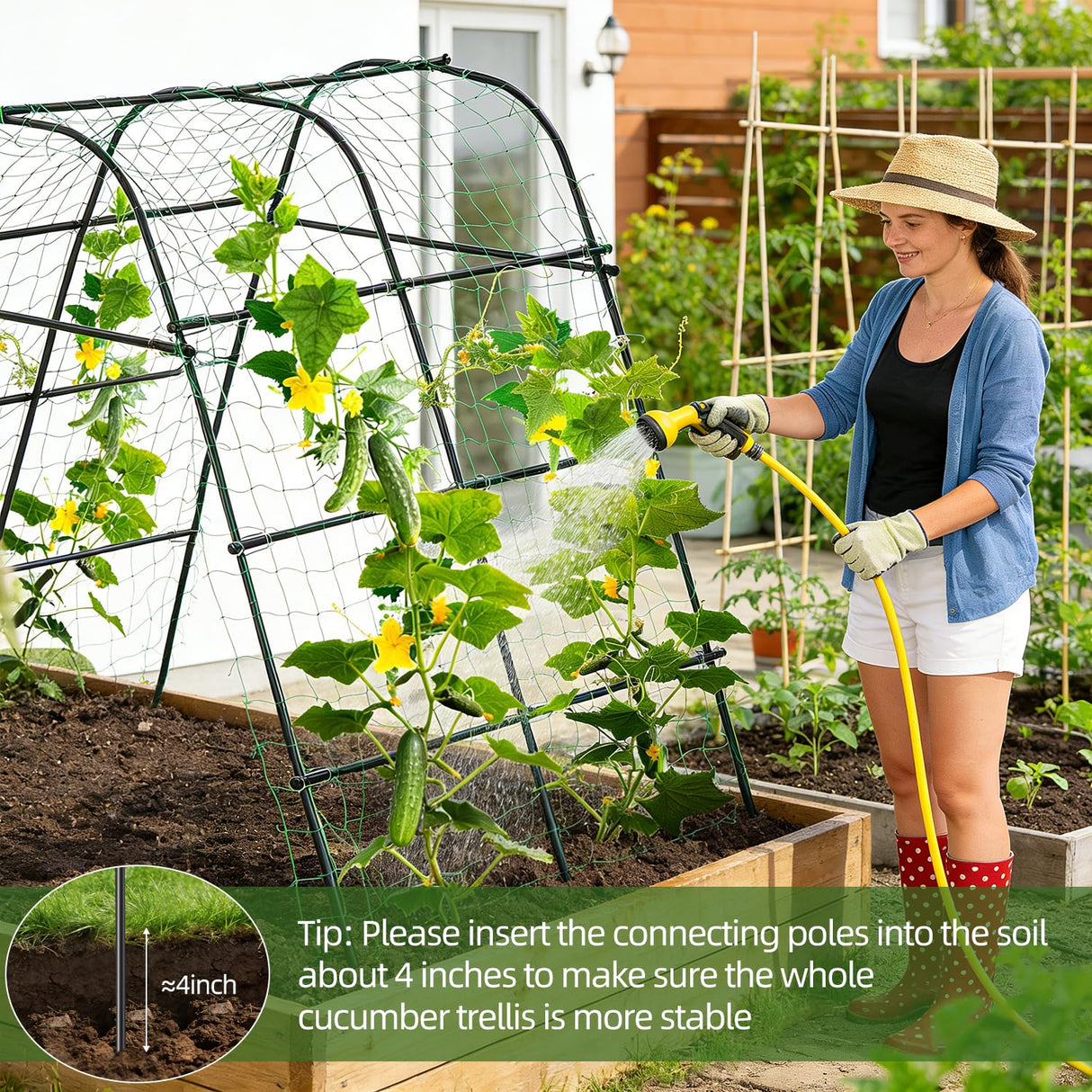 IDEA FAMILY Cucumber Trellis for Raised Bed 67" x 67" U-Frame Garden Arch Tunnel with Netting Vegetable Fruit Flower Lightweight Metal Plant Support for Climbing Plants Outdoor,Black