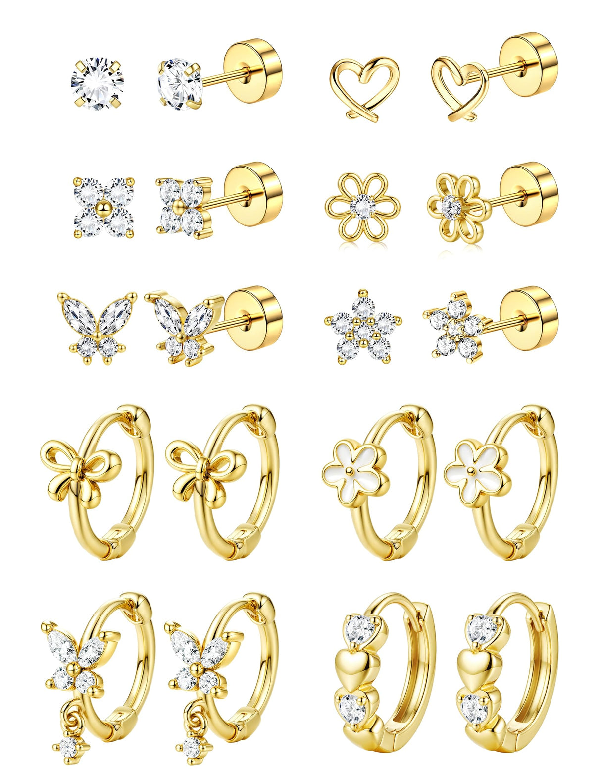 SAILIMUE Hypoallergenic Flat Back Earrings for Girls Women - Cute Toddler Kids Earrings Set Surgical Stainless Steel Earring for Sensitive Ears Small 14K Gold Plated Stud Hoop Earring Stacks