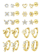 SAILIMUE Hypoallergenic Flat Back Earrings for Girls Women - Cute Toddler Kids Earrings Set Surgical Stainless Steel Earring for Sensitive Ears Small 14K Gold Plated Stud Hoop Earring Stacks