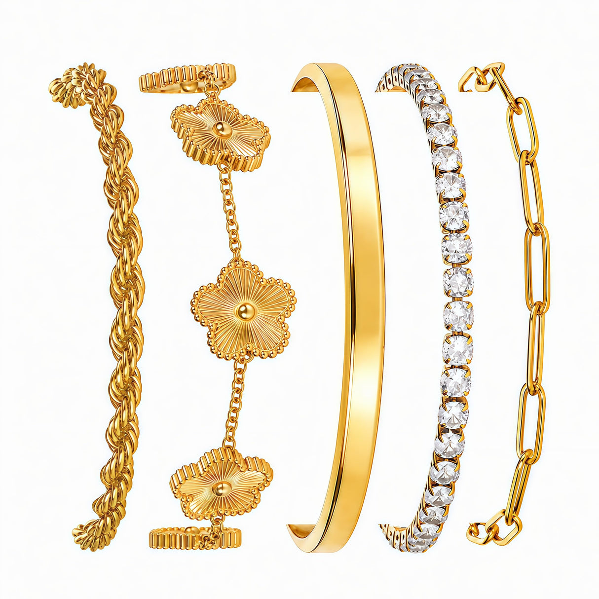 Gold Bracelets Set for Women Non Tarnish Waterproof 18K Gold Plated Lucky Floral Tennis Chunky Cuff Bracelet Tie Cuban Rope Paperclip Bracelet Stackable Trendy Fashion Accessories Stack Jewelry Gifts 5Pcs for Mothers Day Birthday(Gold)