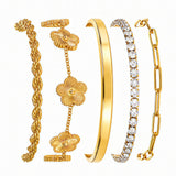 Gold Bracelets Set for Women Non Tarnish Waterproof 18K Gold Plated Lucky Floral Tennis Chunky Cuff Bracelet Tie Cuban Rope Paperclip Bracelet Stackable Trendy Fashion Accessories Stack Jewelry Gifts 5Pcs for Mothers Day Birthday(Gold)