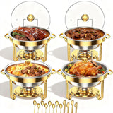 4 Pack Gold Round Chafing Dishes for Buffet, 5 QT Food Warmers and Cold Food Server for Parties, Events Hosting, Family Gatherings, Full Set Catering Supplies with Serving Utensils Accessories