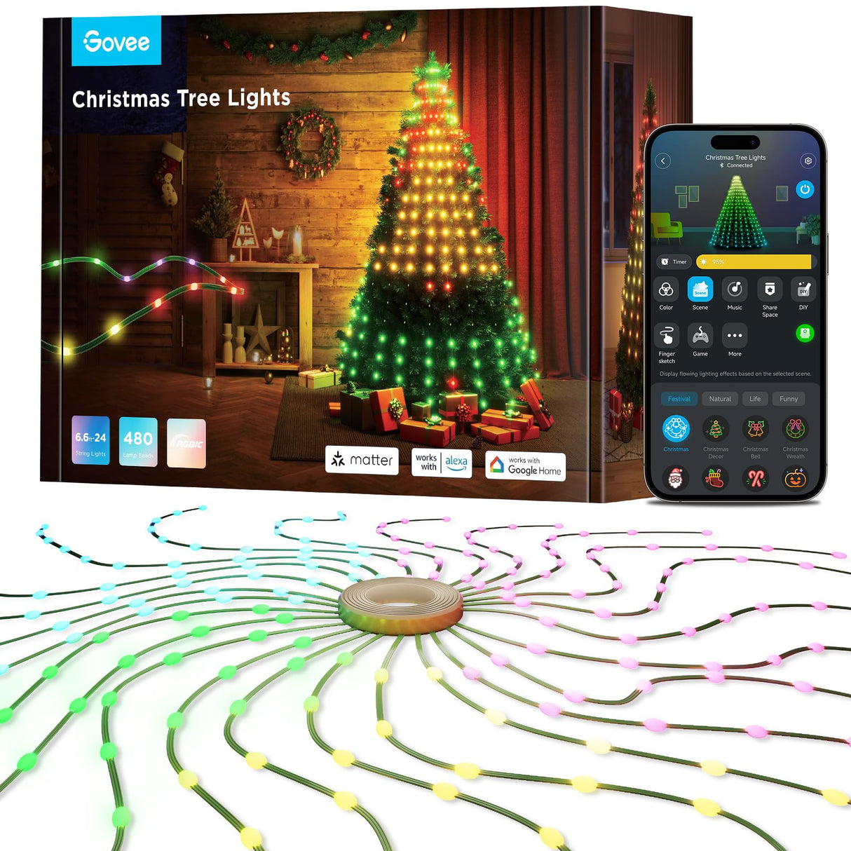 Govee Christmas Tree Lights, Smart RGBIC 480 LEDs Christmas Lights, 6.6ft × 24 String Lights for Holiday Decorations, Music Sync, Voice and APP Control, 60+ Scene Modes, Green Wire, Adapter