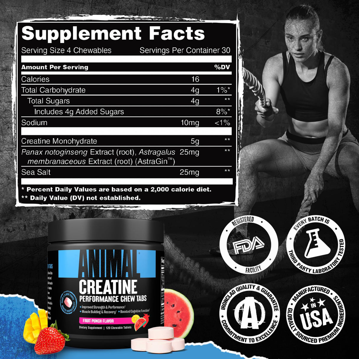 Animal Creatine Chews Tablets - Enhanced Creatine Monohydrate with AstraGin to Improve Absorption, Sea Salt for Added Pumps, Delicious and Convenient Chewable Tablets - Fruit Punch