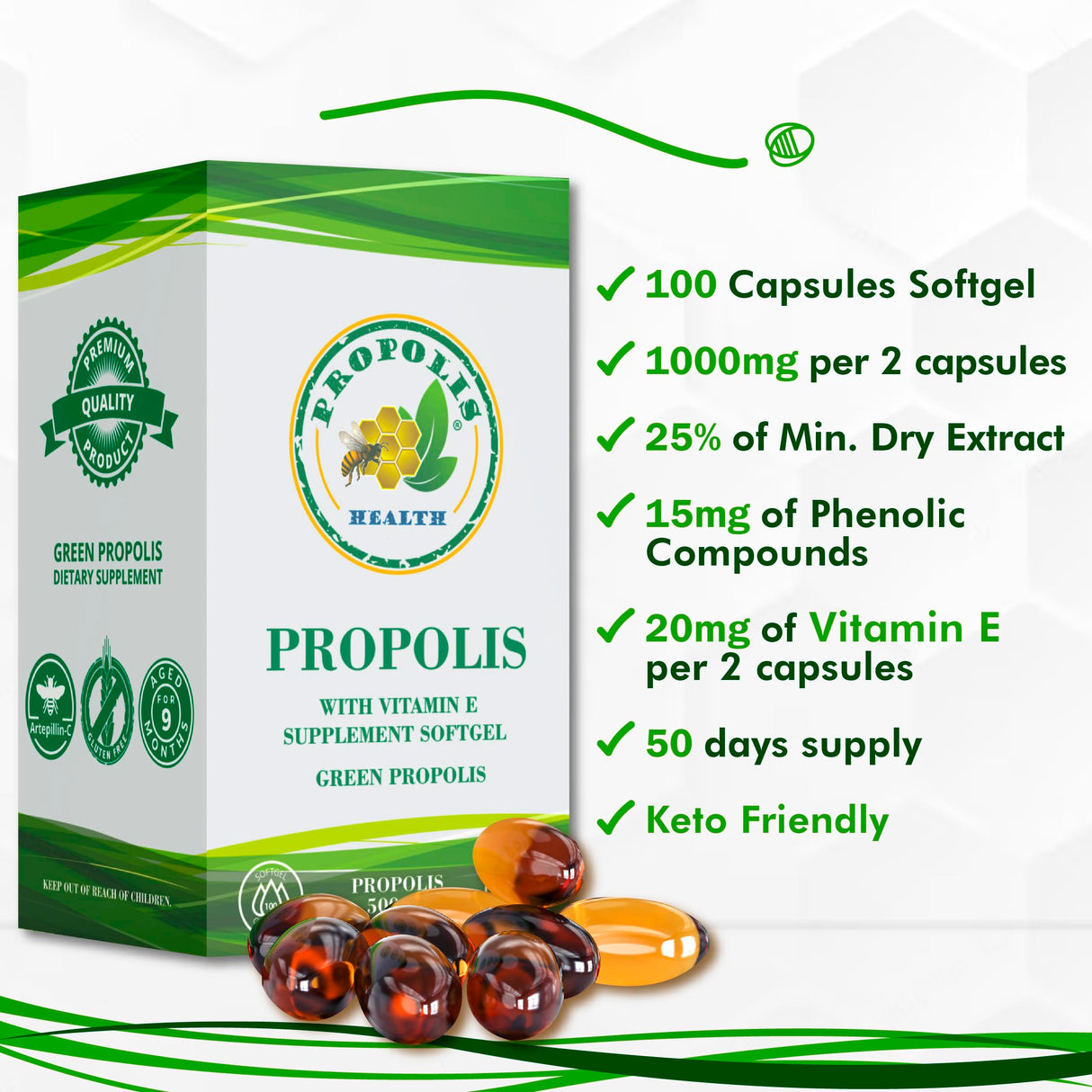 Propolis Health Propolis Capsules 1000mg-Daily with Vitamin E Per dose - Pure Brazilian Green Propolis Extract - Immune Booster 50 Days Supply -100 Capsules