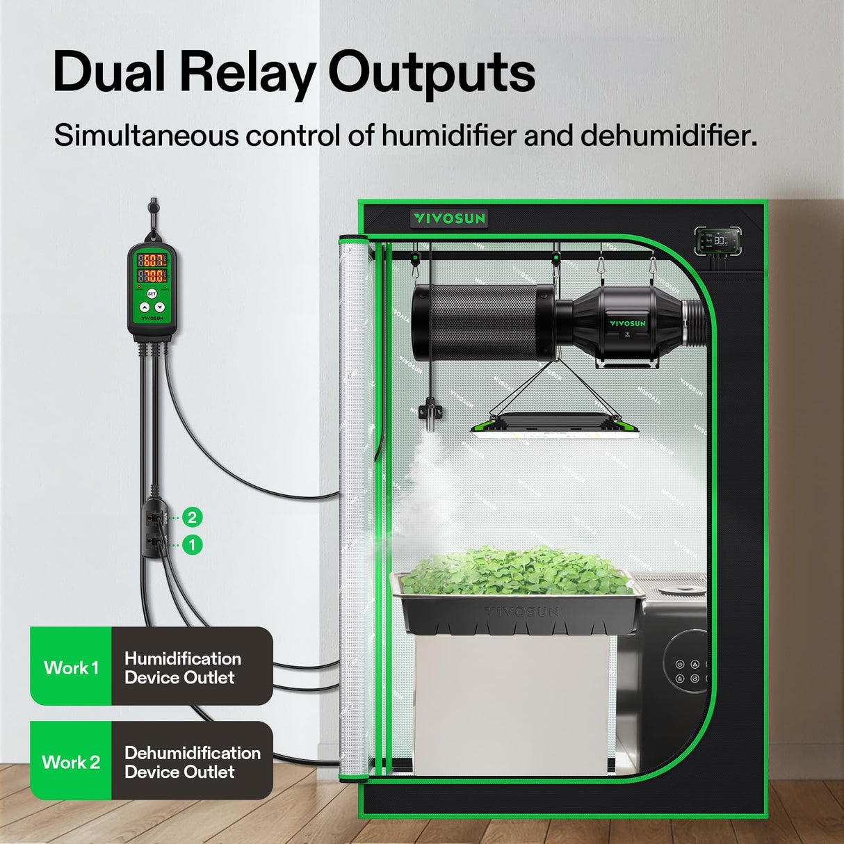 VIVOSUN Humidity Controller, 1200W Dual-Stage Outlet, Pre-Wired Digital Humidistat with Dual LED Displays for Humidifier/Dehumidifier/Fan, Ideal for Greenhouse, Grow Tent, Home-Brewing, Mushroom