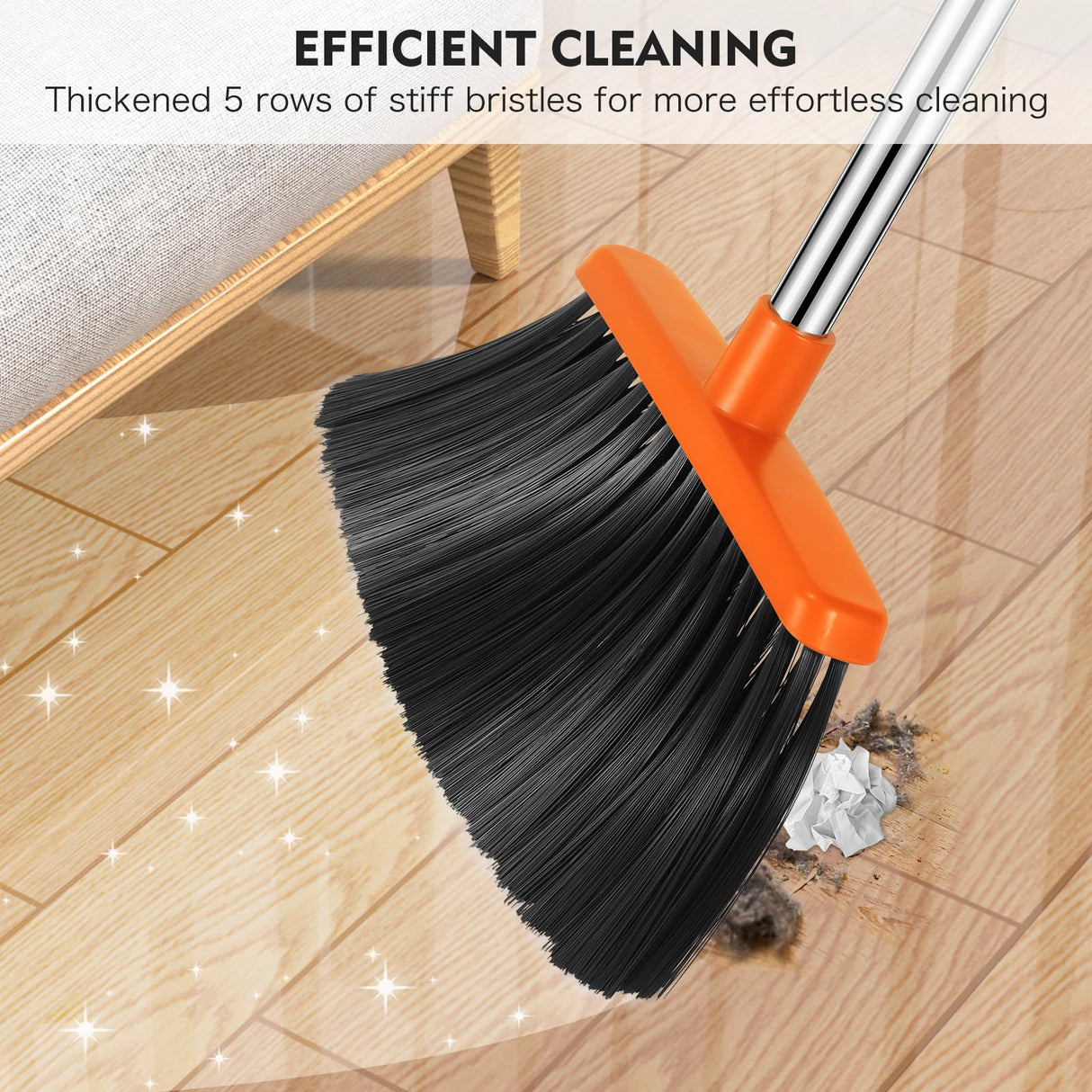 NACENA Broom and Dustpan Set, 55-in Long Adjustable Handle Broom Dustpan Combo with Dustpan Teeth to Automatically Clean Hair Suitable for Home Kitchen Office Hall Floor, Large(Grey&Orange)