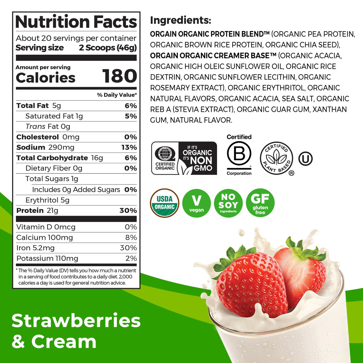 Orgain Organic Vegan Protein Powder, Strawberries & Cream - 21g of Plant Based Protein, Low Net Carbs, Gluten/ Lactose Free, No Sugar Added, Soy Free, Non-GMO, 2.03 Lb