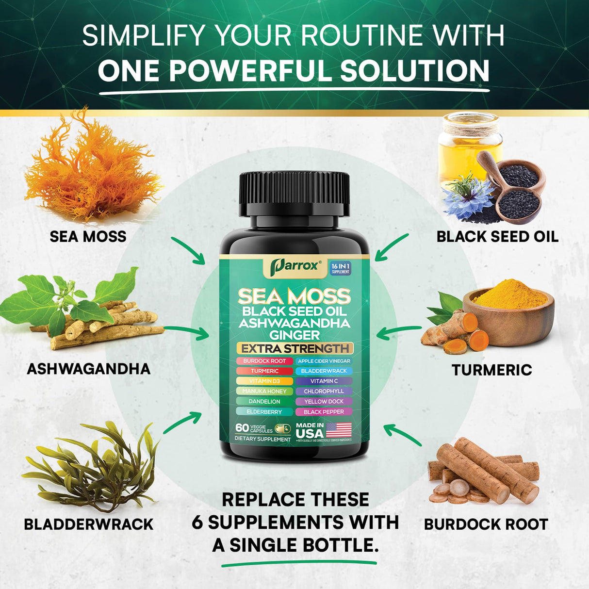 Parrox Sea Moss, Black Seed Oil, Ashwagandha, Turmeric, Chlorophyll, Dandelion, Ginger, Vitamin D3, Black Pepper, Elderberry, ACV, Yellow Dock, Burdock Root, Manuka, Vitamin C, Bladderwrack (60 Caps)