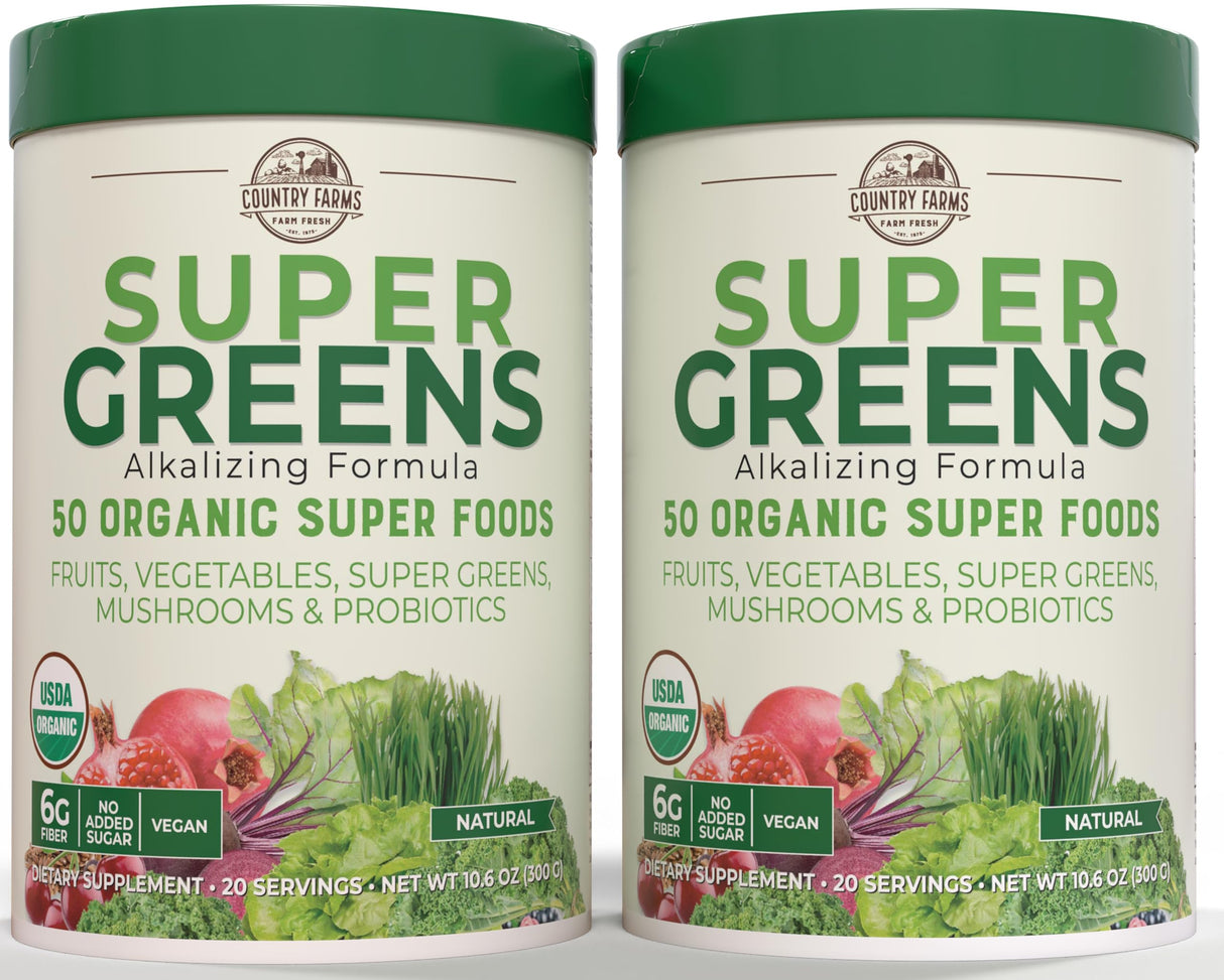 Country Farms Super Greens Natural Flavor, 50 Organic Super Foods, USDA Organic Drink Mix, Fruits, Vegetables, Super Greens, Mushrooms & Probiotics, Supports Energy, 40 Servings, 10.6 Oz, 2 Pack