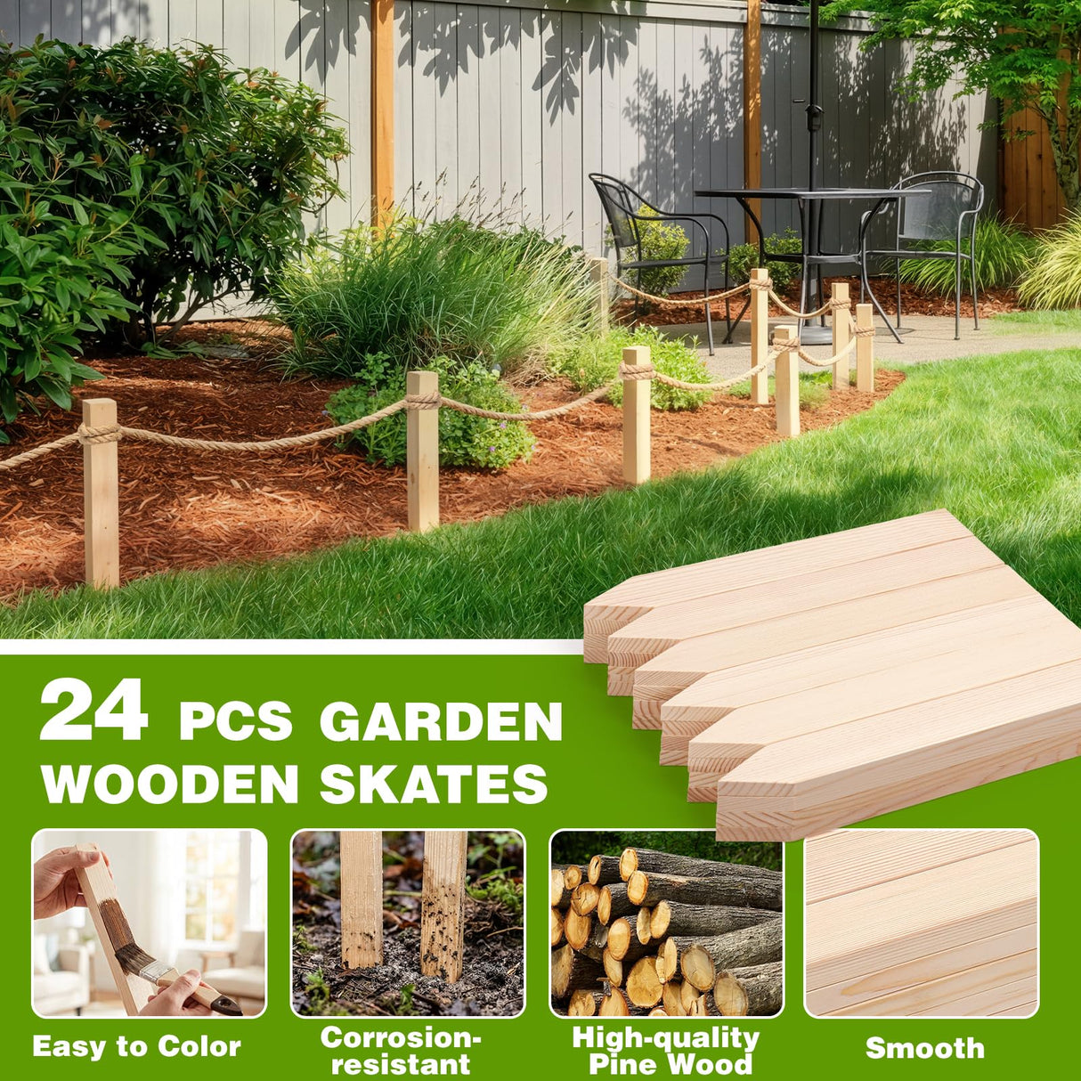 24Pcs Wooden Garden Stakes, 12in Pinewood Yard Stakes for Plant Support