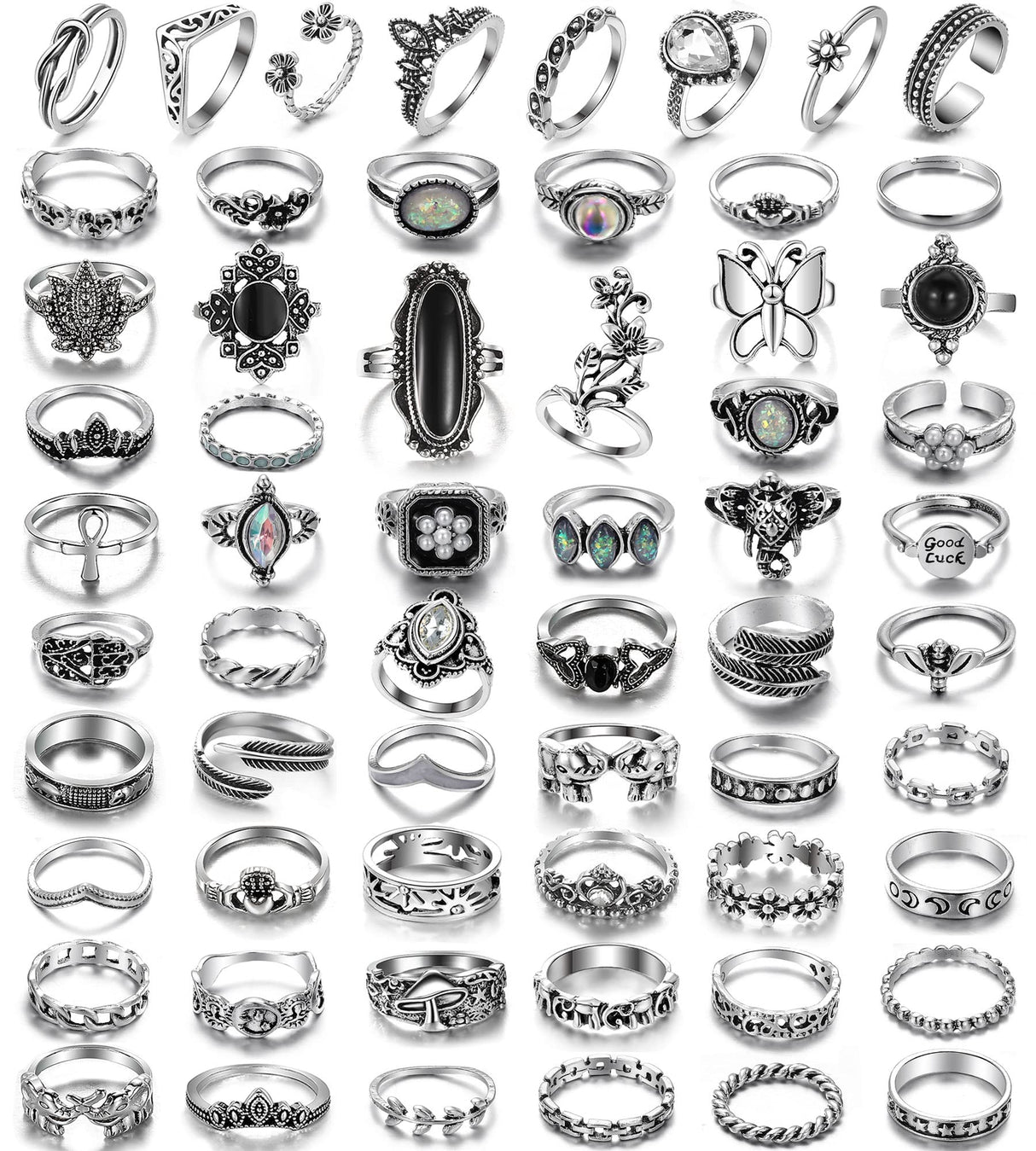 17IF 60 PCS Vintage Silver Goth Ring Set for Women, Punk Boho Chunky Knuckle Stackable Finger Ring Pack Aesthetic Grunge Adjustable Retro Stone Opal Crystal Cat Snake Flower Gothic Rings
