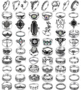 17IF 60 PCS Vintage Silver Goth Ring Set for Women, Punk Boho Chunky Knuckle Stackable Finger Ring Pack Aesthetic Grunge Adjustable Retro Stone Opal Crystal Cat Snake Flower Gothic Rings