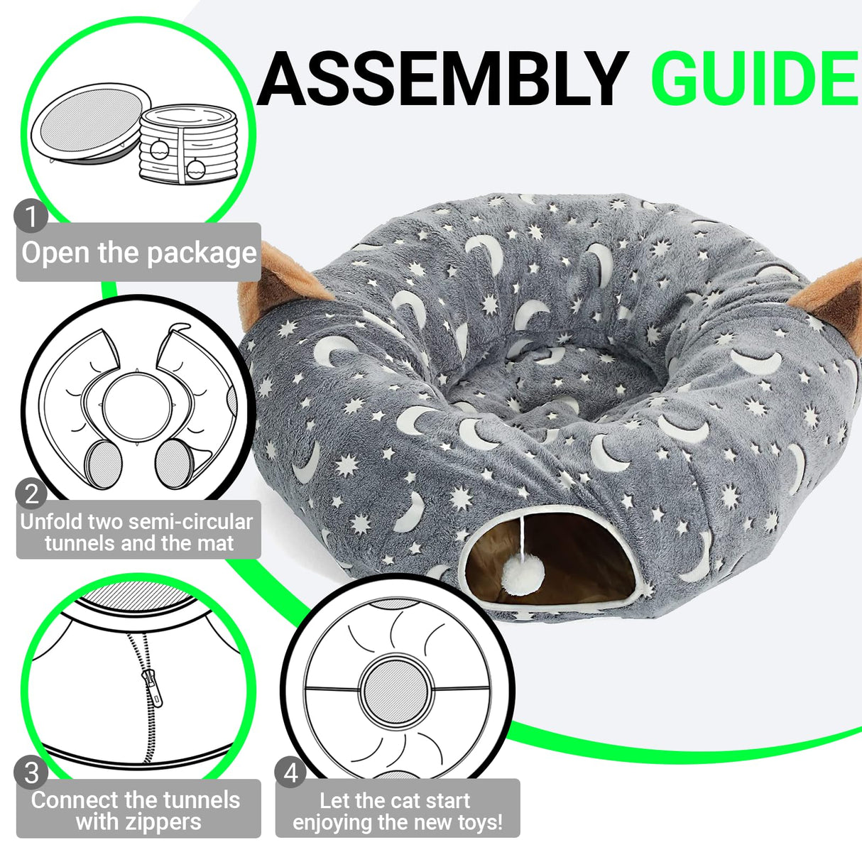 LUCKITTY Cat Tunnel Bed Under Christmas Tree with Plush Ball Toy Playground Crinkle Collapsible Self-Luminous Flannel Fabric 3FT for Large Cats Kittens Kitty Small Animals Puppy Grey Moon Star