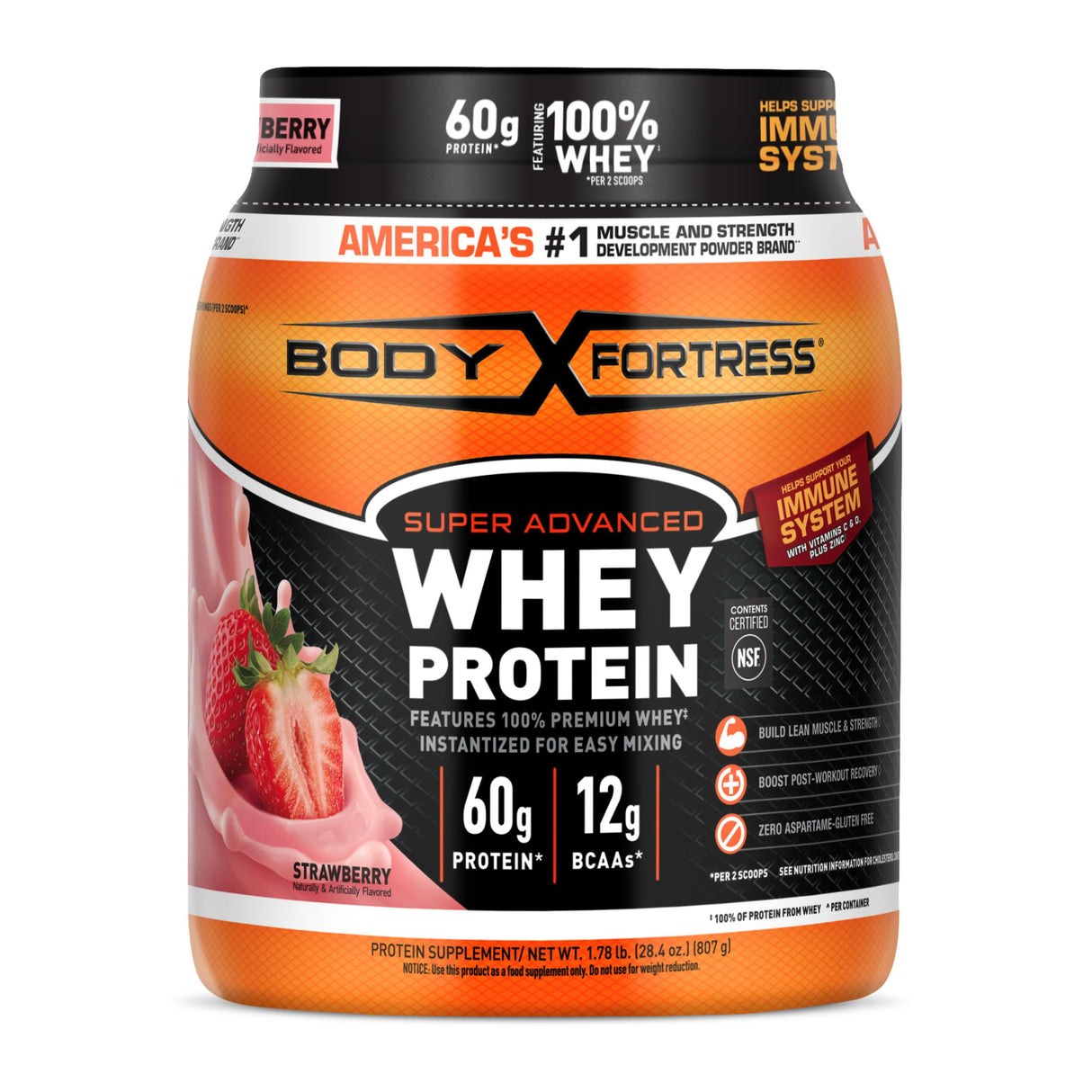 Body Fortress Super Advanced Whey Protein Powder, Strawberry, Immune Support (1), Vitamins C & D Plus Zinc, 1.78 lbs