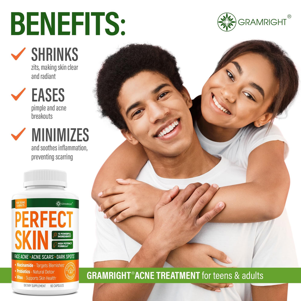 Perfect Skin Acne Capsules – Niacinamide, Biotin, Vitamin A & Probiotics for Teens & Adults – 13 Powerful Ingredients for Face Acne, Acne Scars & Dark Spots – 60 Vegan Capsules, Made in the USA