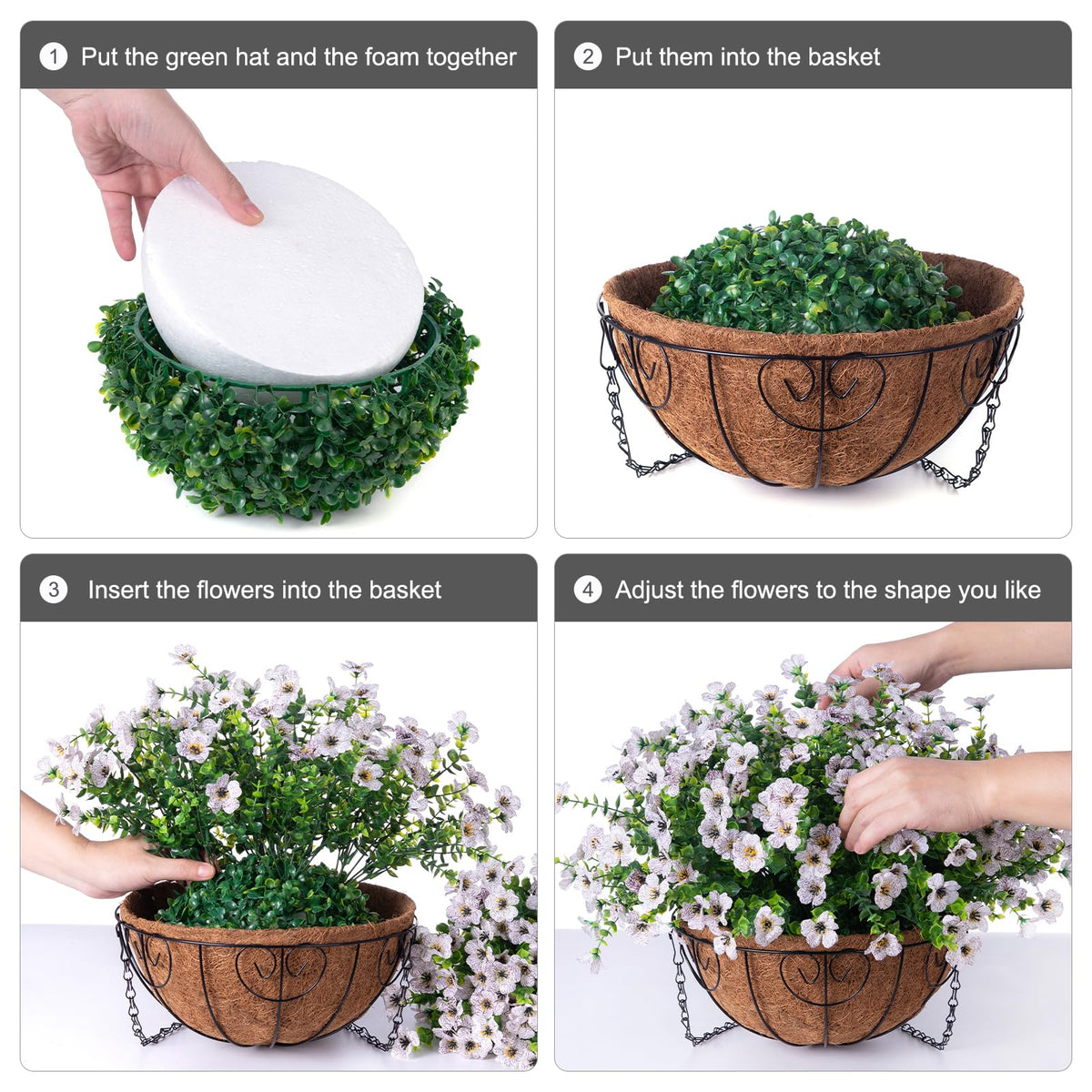 HyeFlora Artificial Fake Hanging White Plants Flowers Basket for Outdo ...