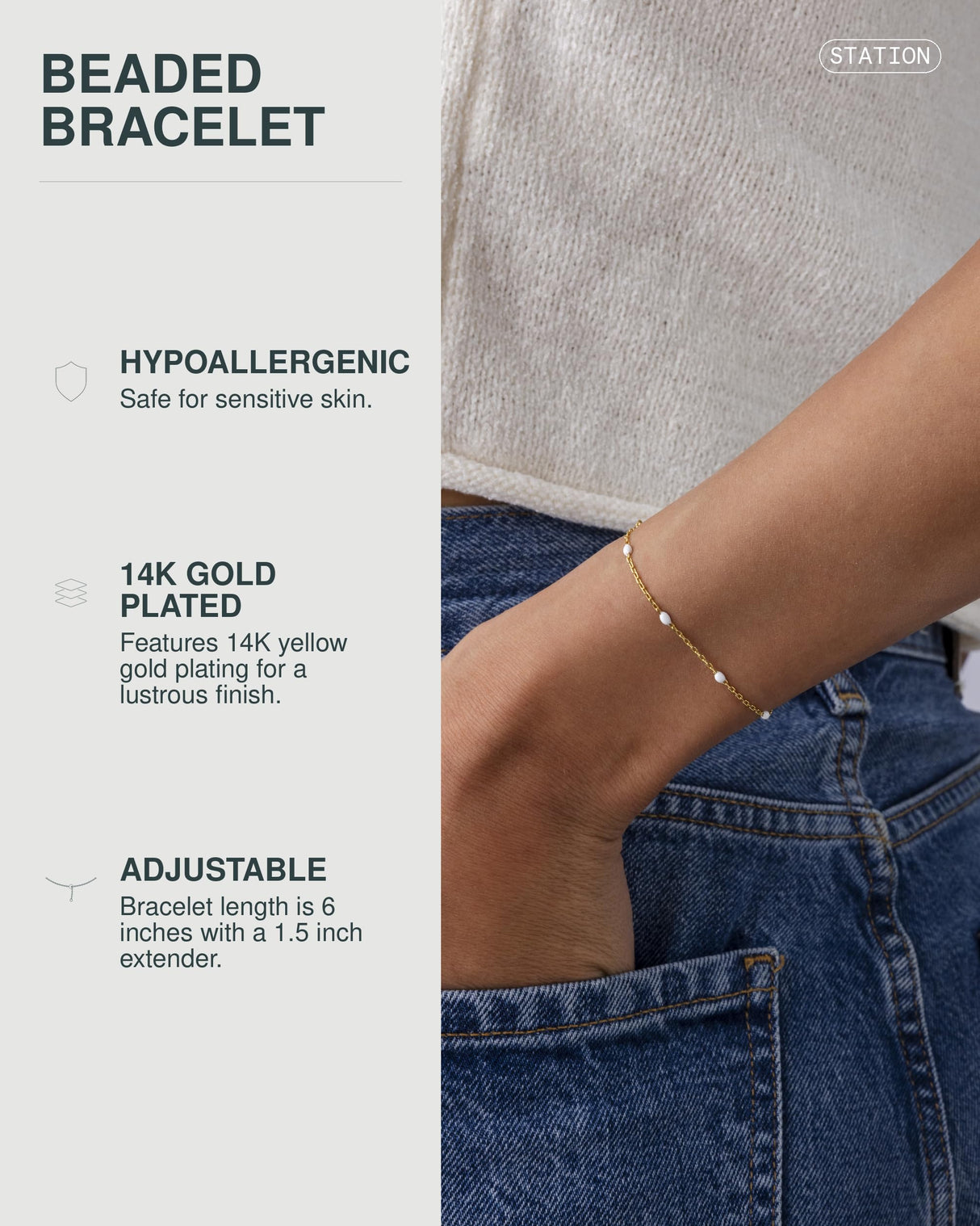 PAVOI Dainty Beaded Bracelet for Women, 14K Gold Plated, Yellow Gold, 6"+1"