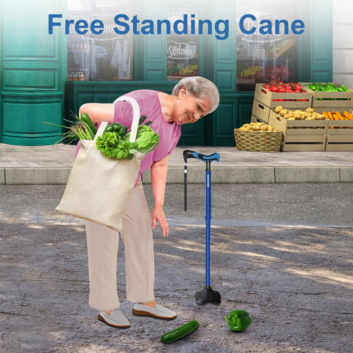 KingPavonini Walking Cane for Men Women Stability, Free Standing Foldable Cane, Ergonomic Handle Pivoting Quad Base, Heavy Duty 350 LBs, Adjustable Walking Canes for Seniors Balance with Travel Bag