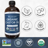 Florisan Organic Castor Oil, EWG Verified & USDA Organic Certified, 16oz, Cold-Pressed, Hexane-Free, Non-GMO, For Hair, Skin, Lashes, Brows, 100% Pure Castor Oil