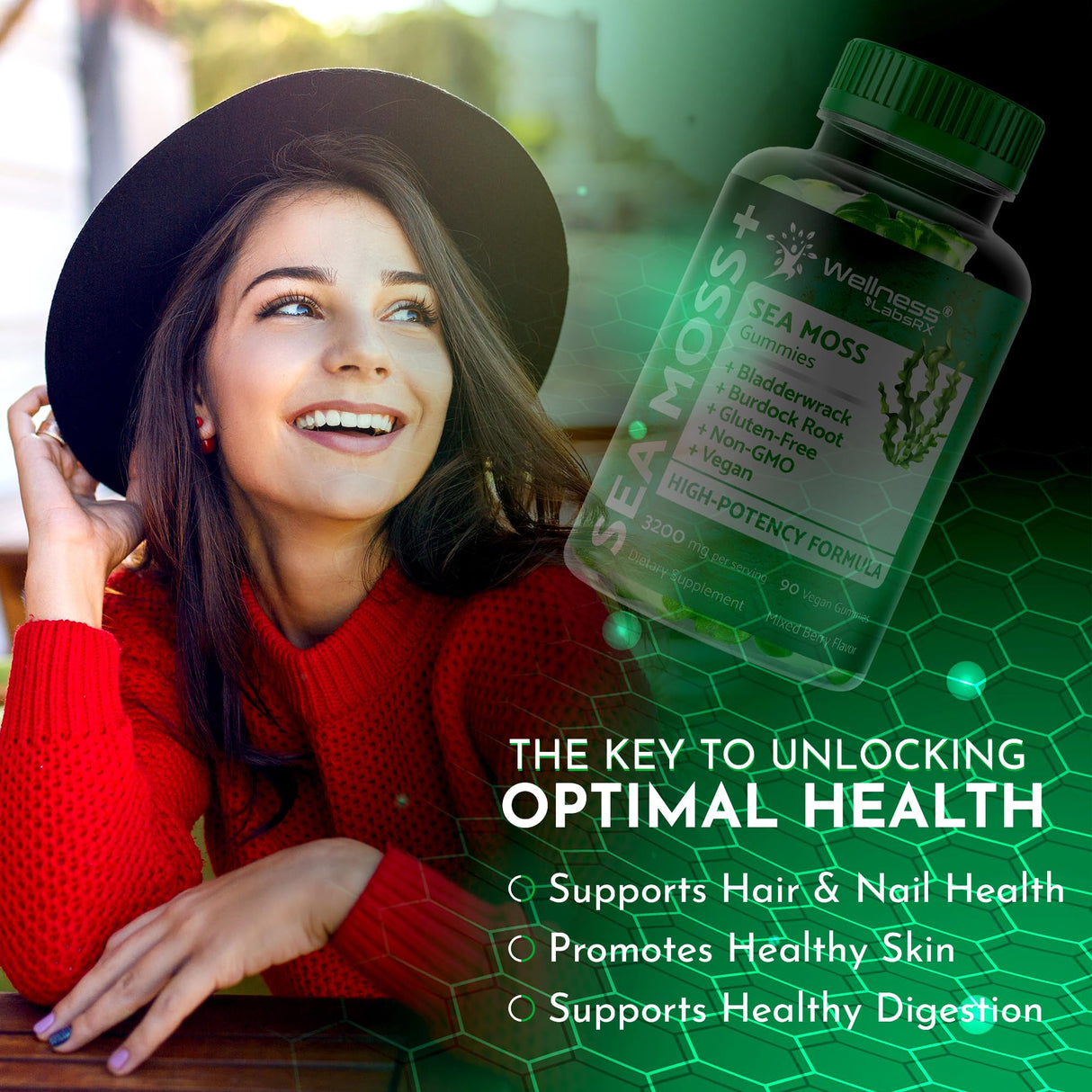 WELLNESS LABSRX Sea Moss Gummies, 3200mg Irish Sea Moss Mixed Berry Flavor with Maximum Potency Bladderwrack and Burdock Root - Supports Skin, Energy and Immunity - 90 Count