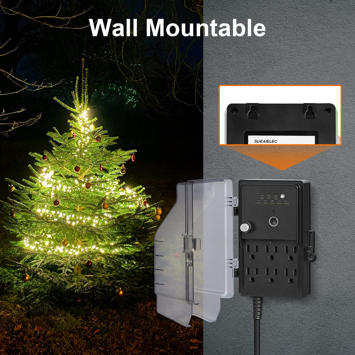 SURAIELEC Outdoor Power Stake Light Timer, Dusk to Dawn, 6 Electrical Outlet Power Strip Weatherproof, 6FT Extension Cord Multiple Outlet for Patio Lights, Sprinkler, Garden, Christmas Decorations