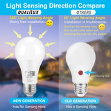 Qualilux Dusk to Dawn A19 LED Light Bulbs Outdoor, Automatic On/Off, 60W Equivalent, Warm White 3000K, Energy Efficient 9.5W, 850 Lumen, E26 Base, 4-Pack, HQ-H009