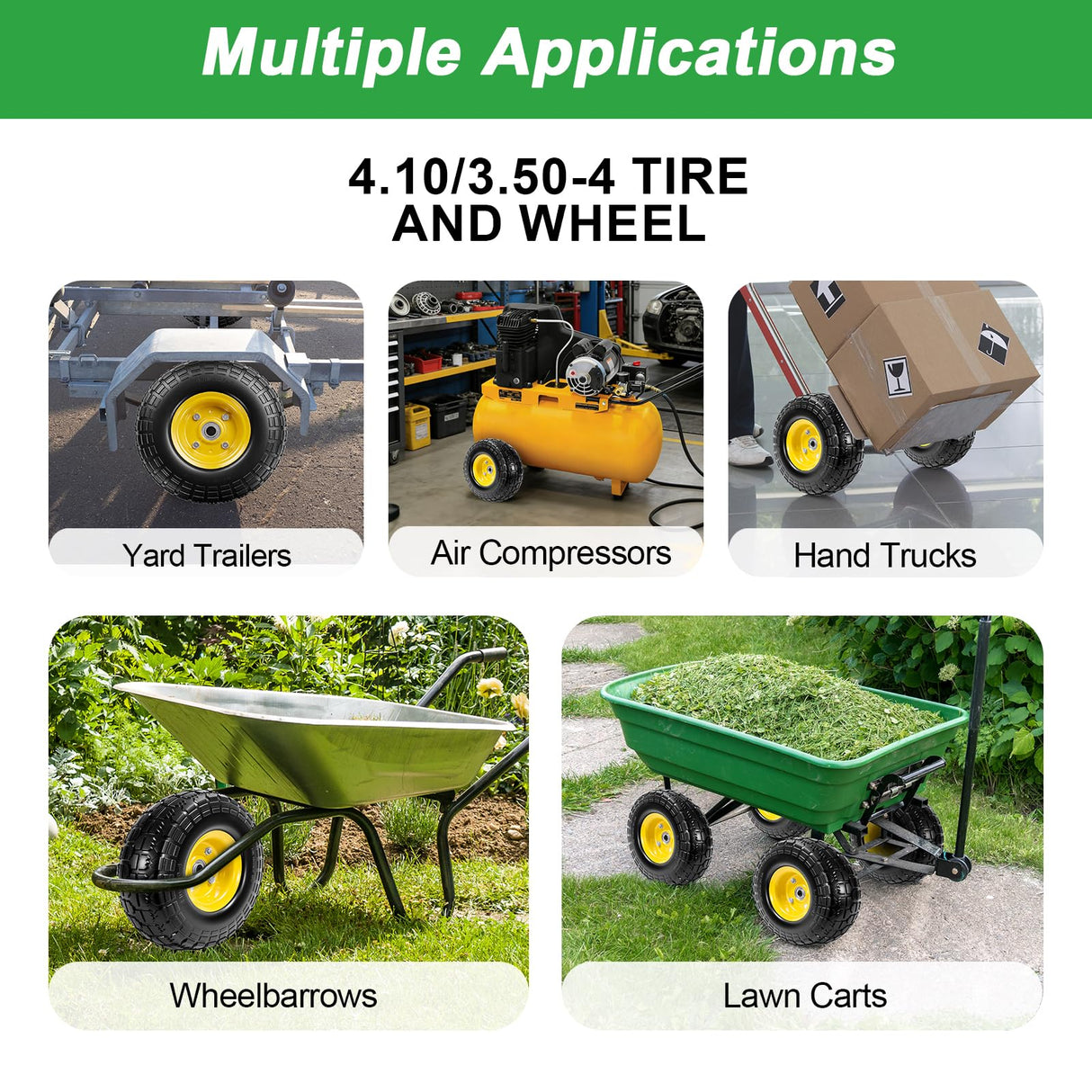 LTNICER 10" Solid Rubber Tires and Yellow Wheels 4.10/3.50-4 (10 x 3.5) Flat Free Tire with 5/8" Bearings,Heavy-Duty Replacement Tire For Gorilla Carts,Wagon,Wheelbarrow,Garden cart(2 Pack)