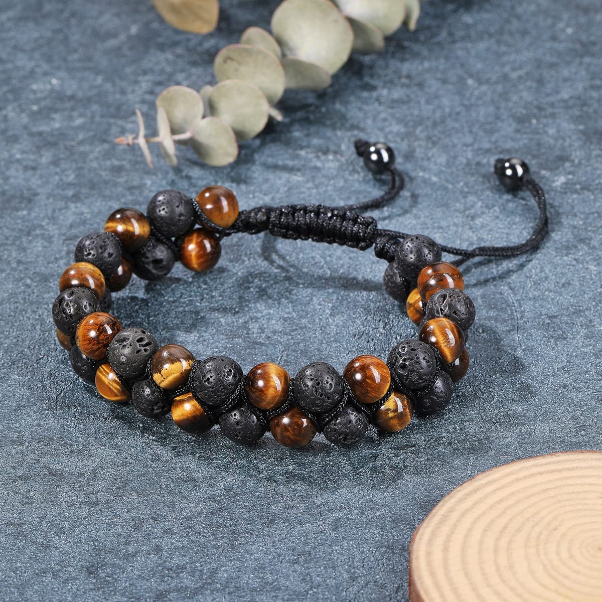 Jovivi 4pcs Mens Lava Rock Stone Essential Oil Bracelet Tiger Eye Agate Beads Double Layer Bracelets Macrame Adjustable Braided