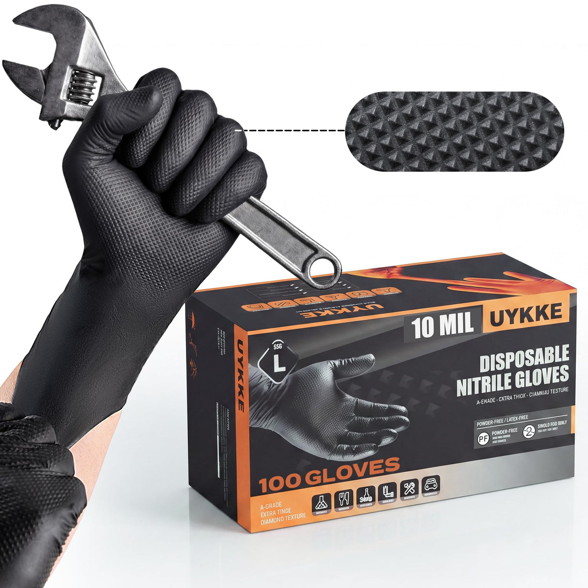 UYKKE 10mil Nitrile Gloves Thick,Industrial Disposable Cooking Gloves with Diamond Textured,Heavy Duty Mechanic Gloves,Latex Free (100, XL)