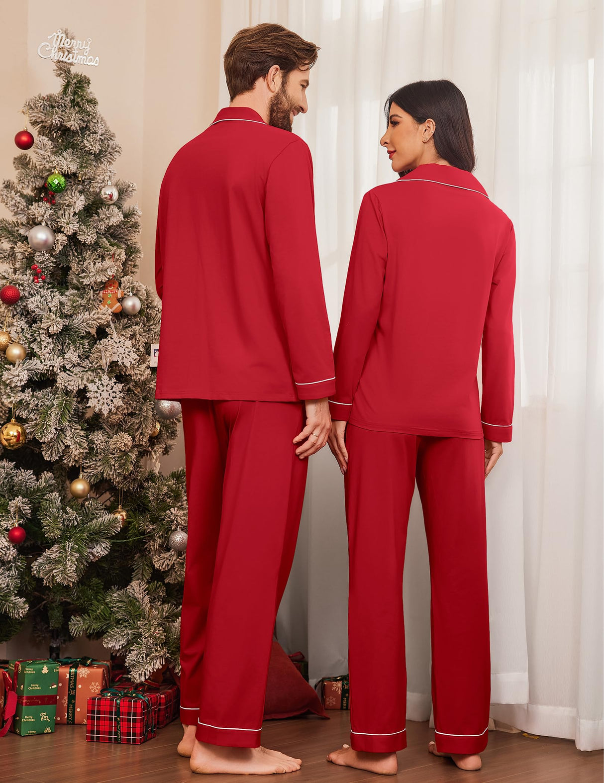 Ekouaer Men's Pajama Set Winter Long Pjs Couples Adults Christmas Sleepwear Lightweight 100% Cotton Lounge Set,Red,XL