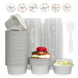 100 Pcs Aluminum Foil Baking Cups with Lids, 5oz Cupcake Liners Dessert Cups,Disposable Ramekins Mini Cake Containers Tin Mini Muffin Liners for Wedding Christmas Party（Silver）