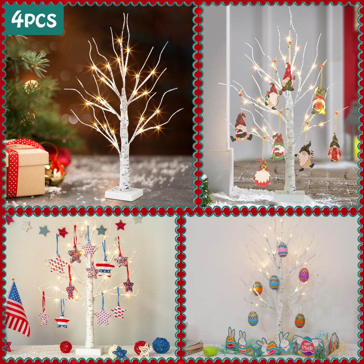 Vanthylit Christmas Tree Decorations, White Birch Tree with LED Lights- Set of 4, Warm White Small Tree Lights Battery Powered/USB, Timer Lighted Tree for Home Wedding Indoor Outdoor Decor (2 FT)