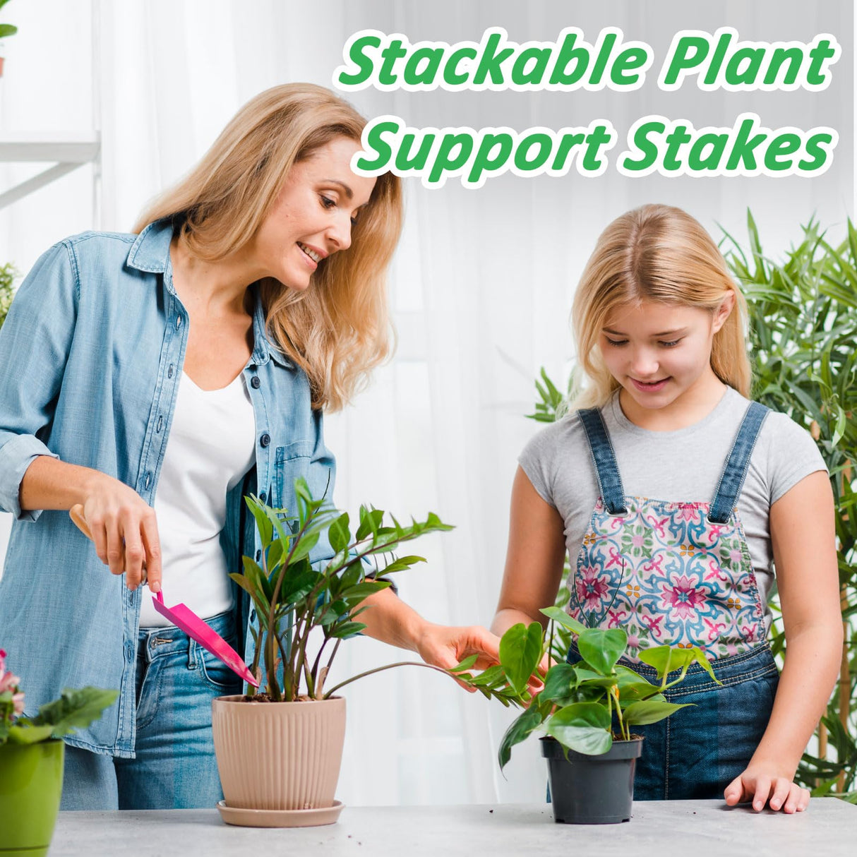 MXCOIRTP 10 Pack Stackable Plant Support Stakes & Adjustable Circular Trellis, Garden Trellis for Climbing Plants Indoor and Outdoor Use, Garden Accessories for Monstera, Pothos, Tomato