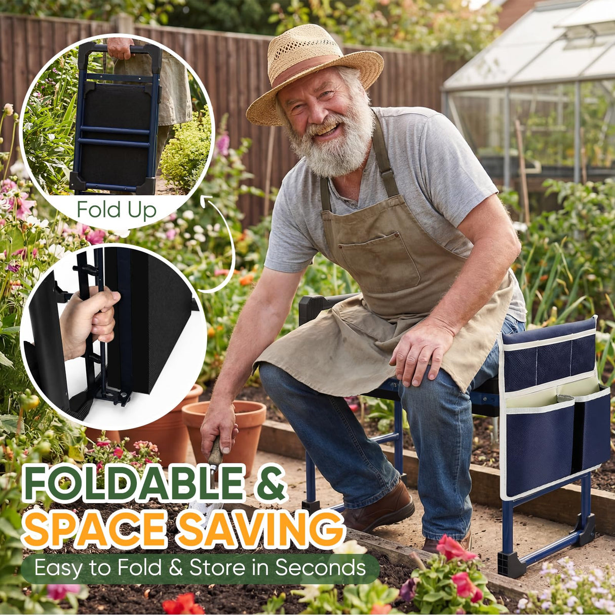 TITIUNCLE Garden Kneeler and Seat, Heavy Duty Anti-Tip Foldable Gardening Stool Bench Kneeler with Widened Thicken Kneeling Pad & Tool Bag, Gardening Gifts for Seniors, Gardeners, Women, Men, Fathers
