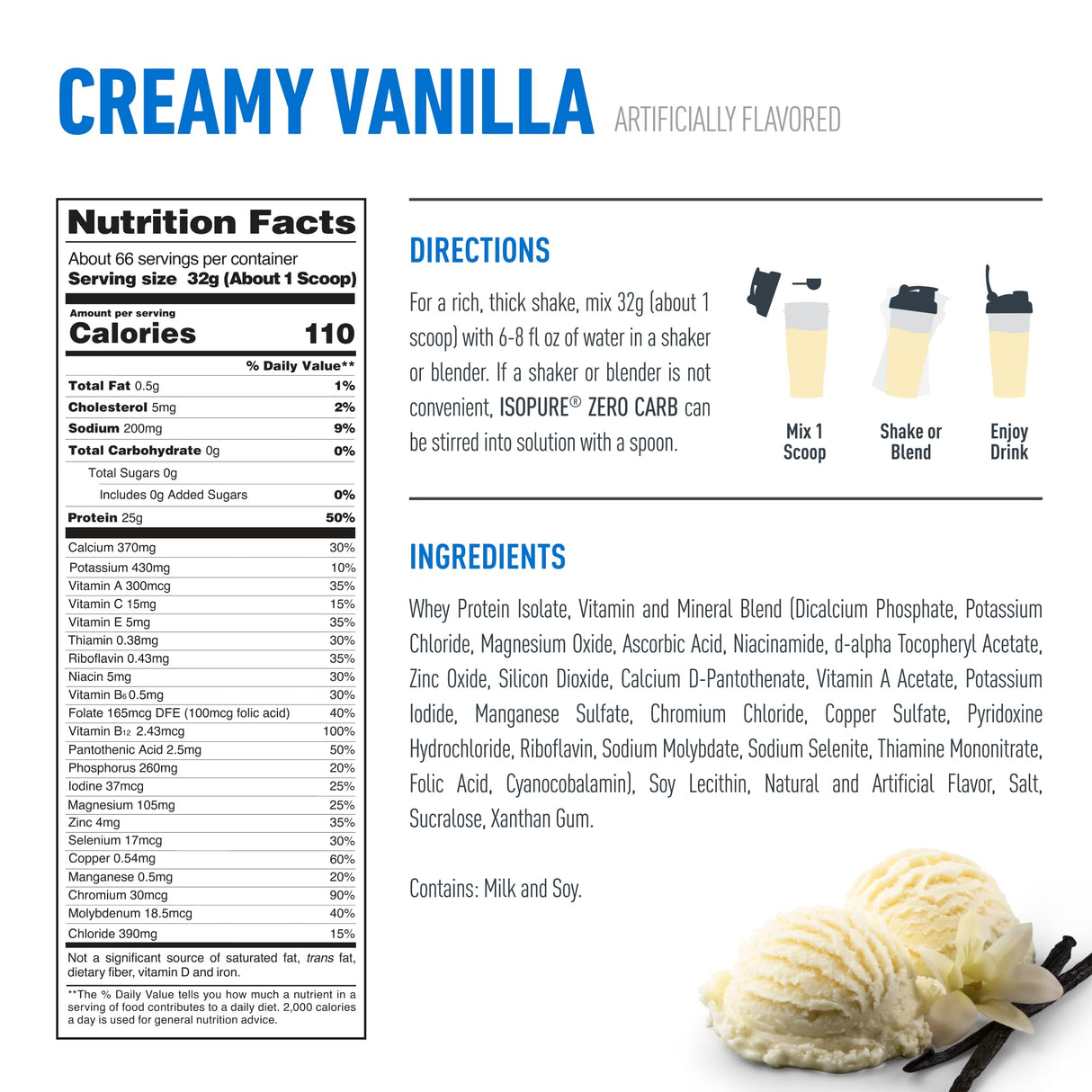 Isopure Zero Carb 100% Pure Whey Isolate Protein Powder, Lactose Free, Gluten Free, With Vitamins, Creamy Vanilla, 25g Protein Per Serving, 4.5 Lbs, 66 Servings (Packaging May Vary)