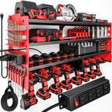 POKIPO Large Power Tool Organizer Wall Mount with Charging Station,4 Layer Heavy Duty Metal Tool Storage Shelf Loads 600lbs,Battery Utility Rack With 4 Outlet Power Strip with 8 Cordless Drill Holder