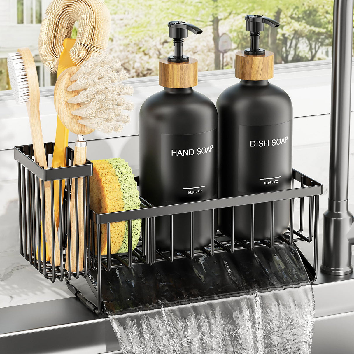 Cisily Kitchen Dish Soap Dispenser Set with 2 Pack 16.9oz Black Glass Bottle and Sponge Holder, Dish Soap Dispensers with Adjustable Sponge Holder, Vintage Hand and Dish Soap Dispensers Set