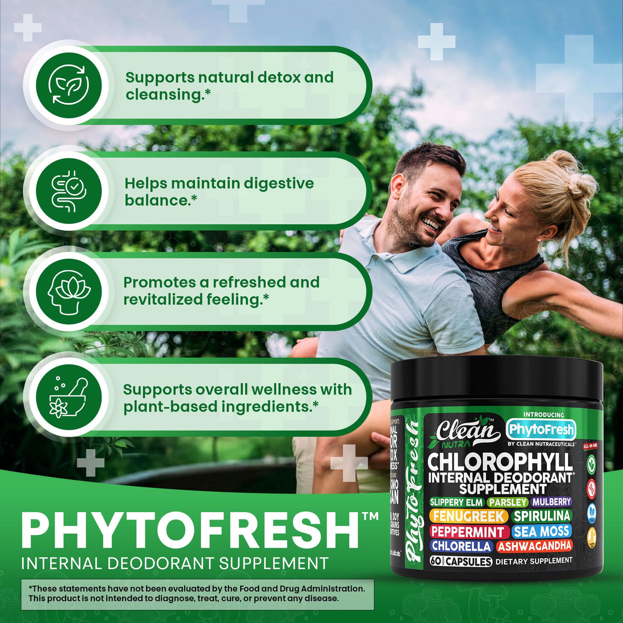 Clean Nutra Chlorophyll Capsules Supplement Internal Deodorant Peppermint, Sea Moss, Parsley, Chlorella, Spirulina, Slippery Elm, Ashwagandha, PhytoFresh Greens Detox Pills