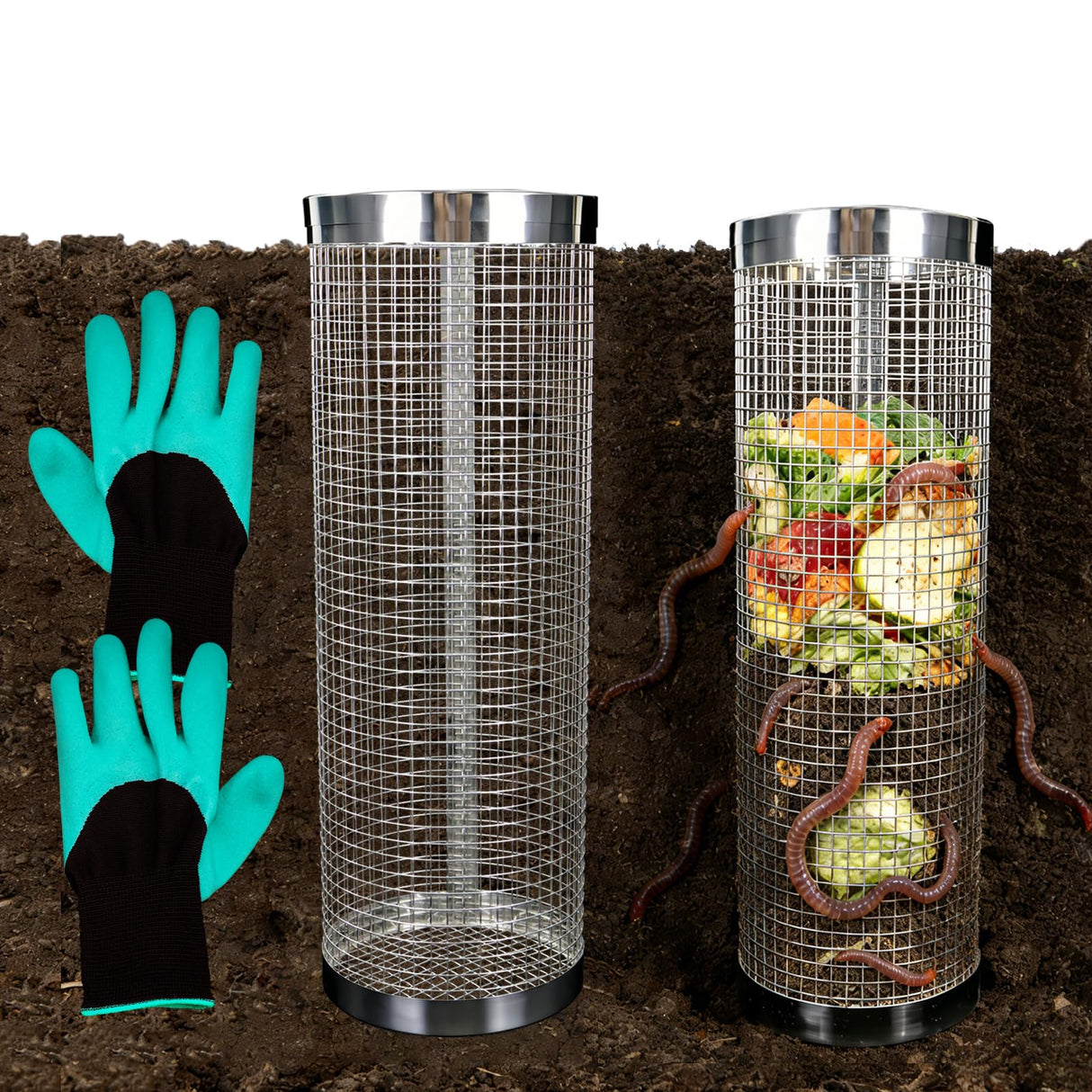 2 Pack Underground Worm Composting Bin with Gardening Gloves - Small Round Metal Stainless Steel Composter for Family Garden, Outdoor Compost Bins (2)