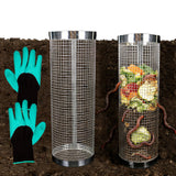 2 Pack Underground Worm Composting Bin with Gardening Gloves - Small Round Metal Stainless Steel Composter for Family Garden, Outdoor Compost Bins (2)