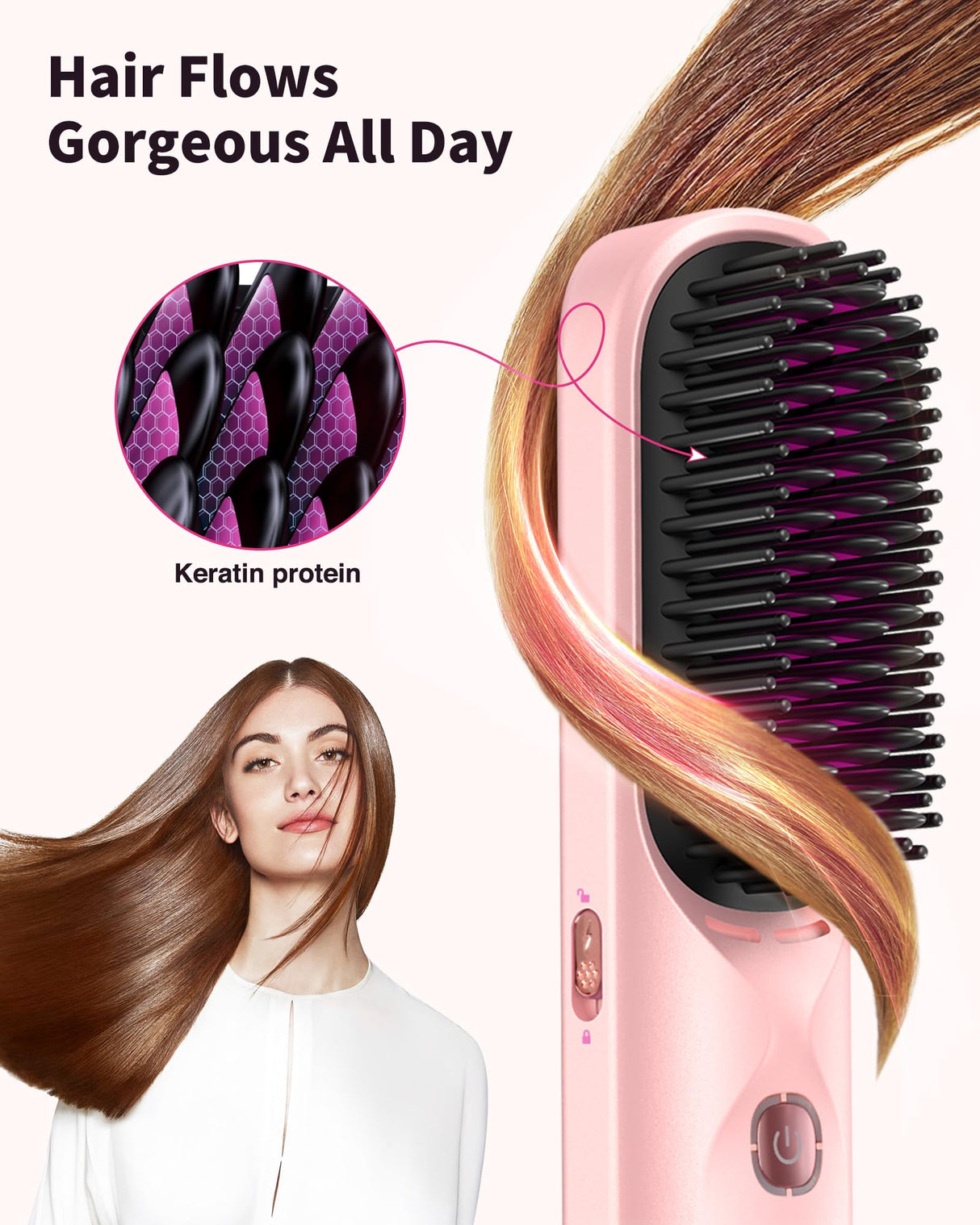 Cordless Hair Straightener Brush - Portable Hair Brush for Travel - 30s Fast Heating - 300 Million Negative Ions for Frizz-Free Shine, Touch Up On-The-Go, Gift for Women,10,000mAh